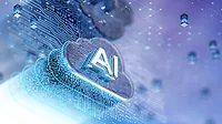 The image is a conceptual illustration of artificial intelligence (AI) integrated with cloud computing technology