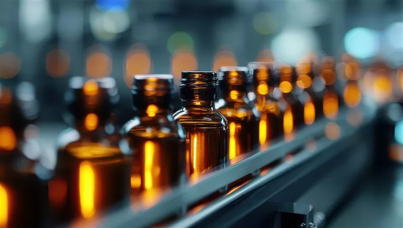 a pharmaceutical production line, where brown glass vials are being filled with liquid medication
