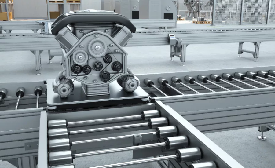 The image displays the Bosch Rexroth TS 5 roller conveyor system