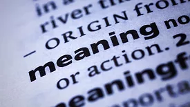 The image displays a dictionary entry for the word "meaning", detailing its origin and definition