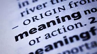 The image displays a dictionary entry for the word "meaning", detailing its origin and definition