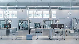 The image depicts a modern, automated laboratory or pharmaceutical production facility that highlights the concept of "Plug & Produce" manufacturing