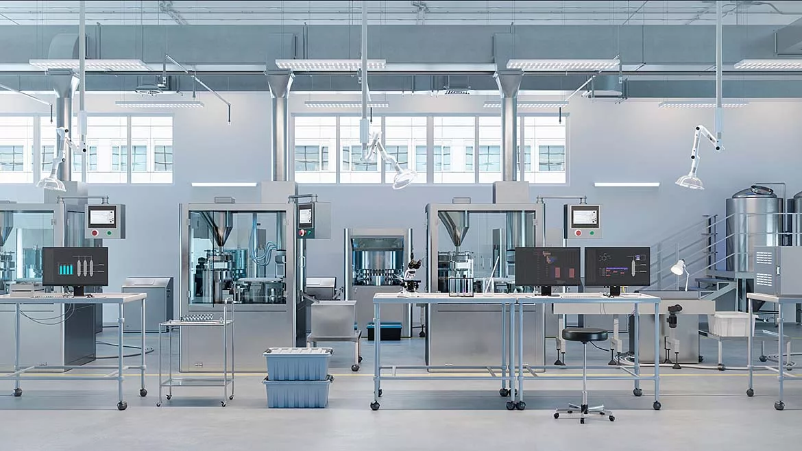 The image depicts a modern, automated laboratory or pharmaceutical production facility that highlights the concept of "Plug & Produce" manufacturing