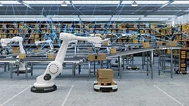 the use of automation and robotics in a modern warehouse or logistics setting