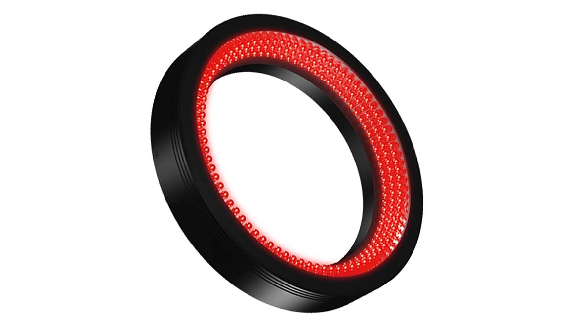 This is a low-angle red LED ring light used for industrial machine vision applications