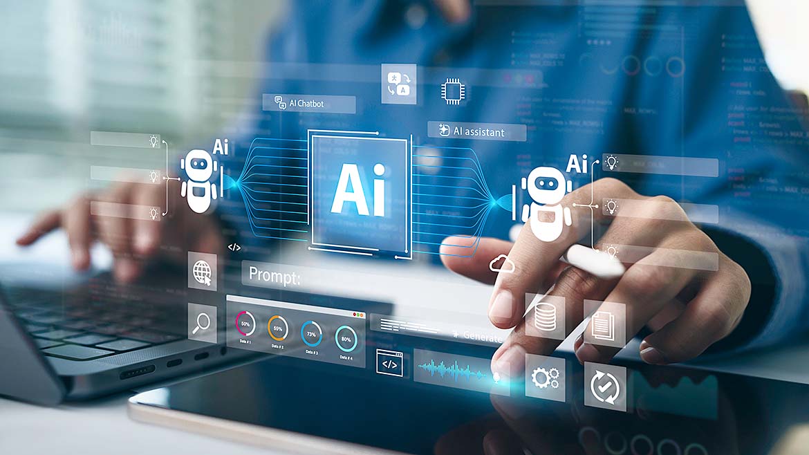 The image is a stock photo illustrating the concept of artificial intelligence (AI) and its integration into technology and business operations