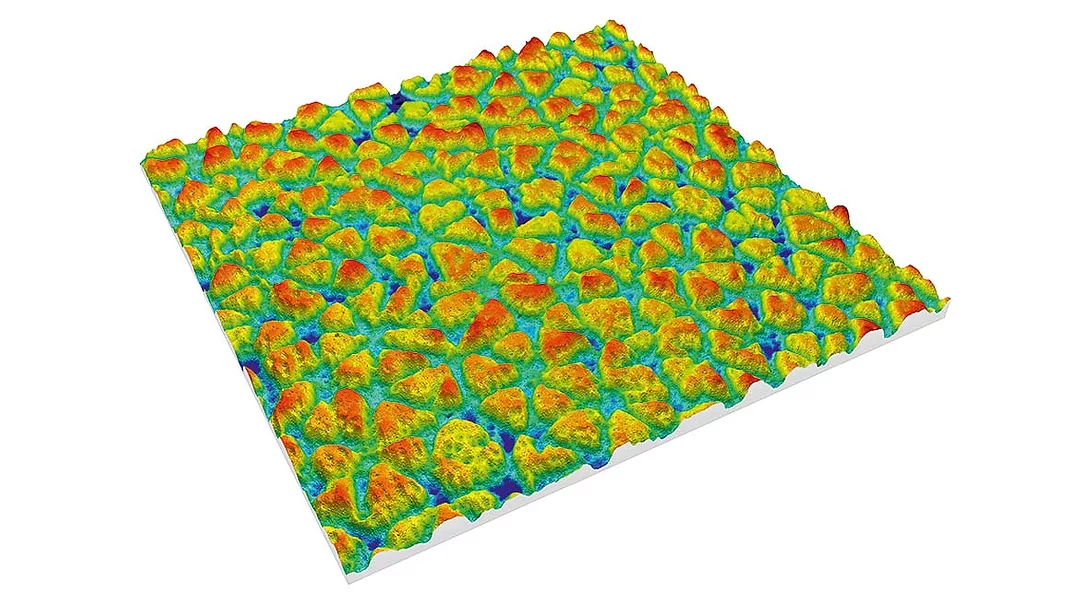 The image displays a 3D visualization of surface texture, likely captured using an optical profiler or laser confocal microscope