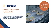 This image is a testimonial advertisement for Hertzler Systems, highlighting how a food manufacturer achieved significant production efficiency using real-time data from their GainSeeker software. 