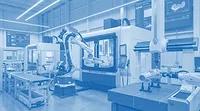 This image depicts a modern industrial manufacturing facility utilizing robotic automation and CNC machinery. This image depicts a modern industrial manufacturing facility utilizing robotic automation and CNC machinery.