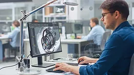 This image shows a person working in a modern office environment using Computer-Aided Design (CAD) software on a computer. 