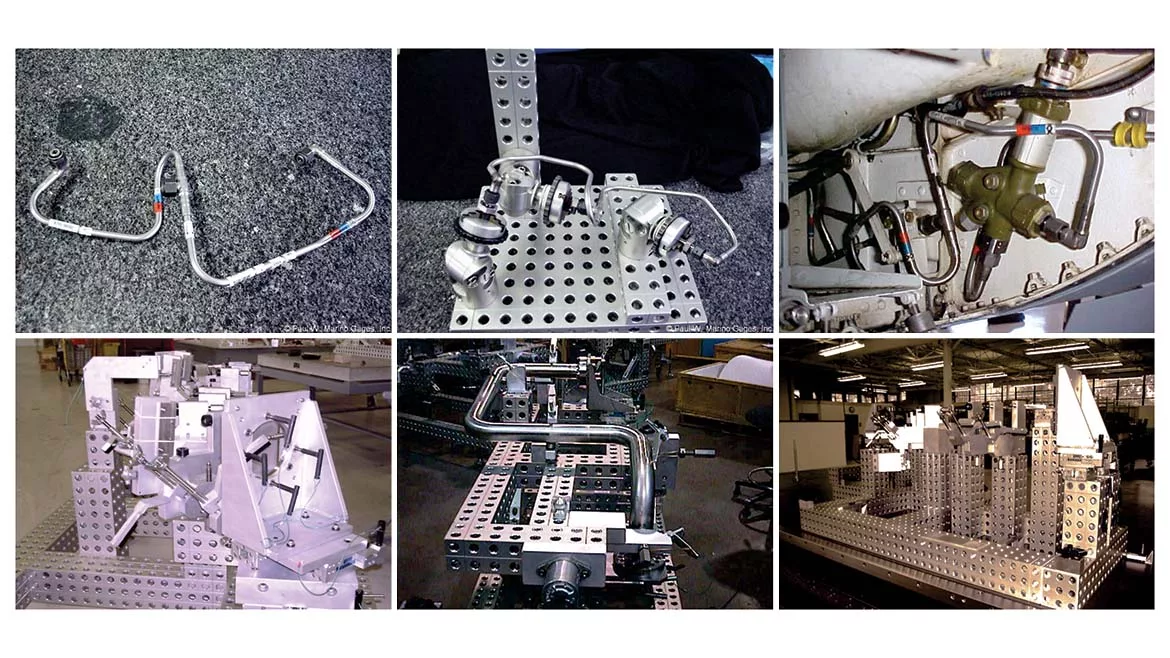 The images display modular fixturing systems, which are used to hold workpieces securely during manufacturing processes like welding, assembly, and inspection