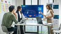 This image depicts a business strategy meeting focused on risk management and data analysis. This image depicts a business strategy meeting focused on risk management and data analysis.