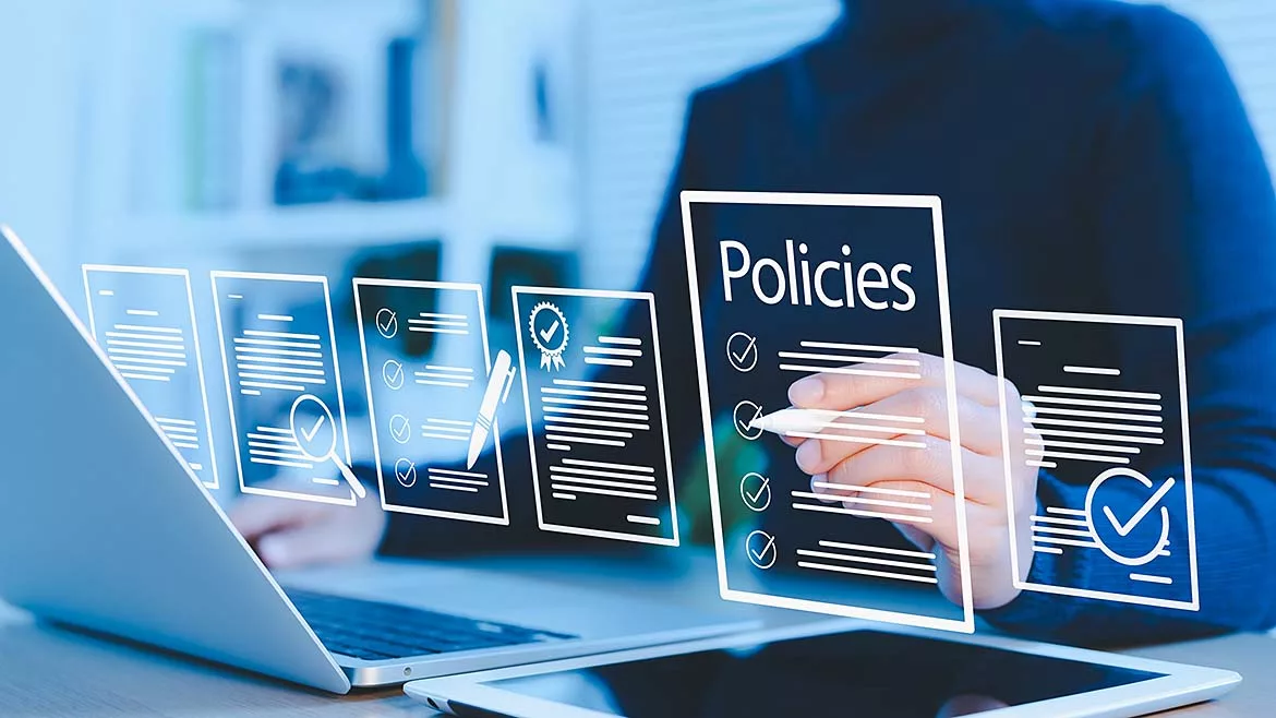 The image highlights the importance of policies and procedures in a business environment, specifically focusing on regulatory compliance and financial controls.