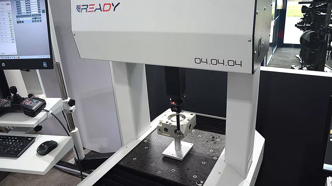 The image shows a Ready Shop-Floor Coordinate Measuring Machine (CMM) used for in-production quality control.