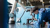 The item pictured is a Universal Robots e-Series collaborative robot The item pictured is a Universal Robots e-Series collaborative robot