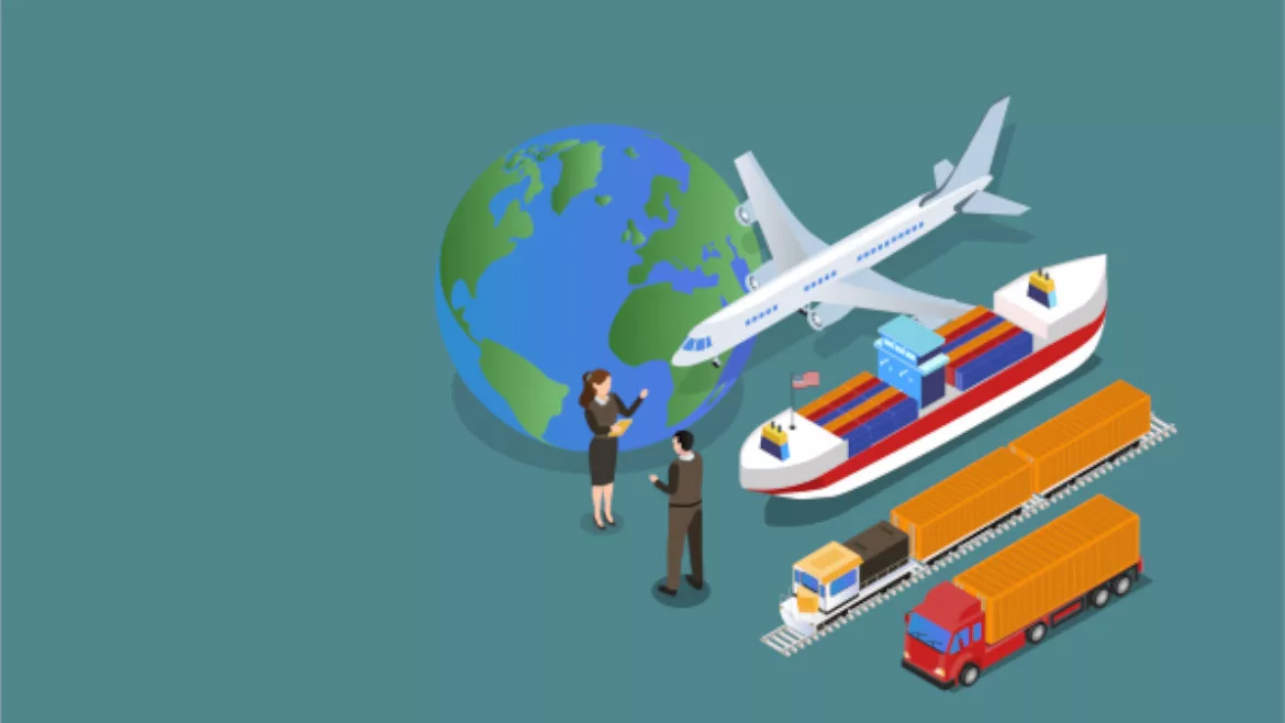 The image illustrates a global logistics and transportation concept, often used to represent international trade and supply chain management.