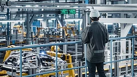 This image depicts a car factory engineer wearing a work uniform and a hard hat while using a tablet computer to oversee vehicle production with robotic arms. 