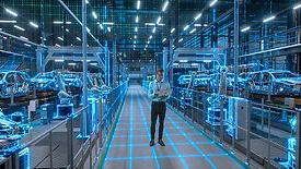 This image depicts a smart, automated factory floor utilizing digital twin technology and advanced robotics