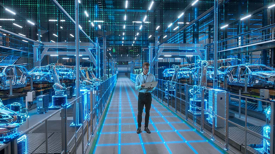 This image depicts a smart, automated factory floor utilizing digital twin technology and advanced robotics