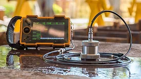 The image displays an ultrasonic testing device used for non-destructive inspection.