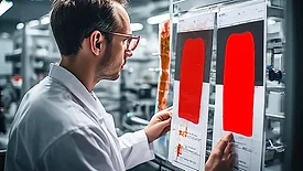 This image depicts a scientist or technician reviewing technical data sheets or schematics
