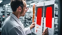 This image depicts a scientist or technician reviewing technical data sheets or schematics