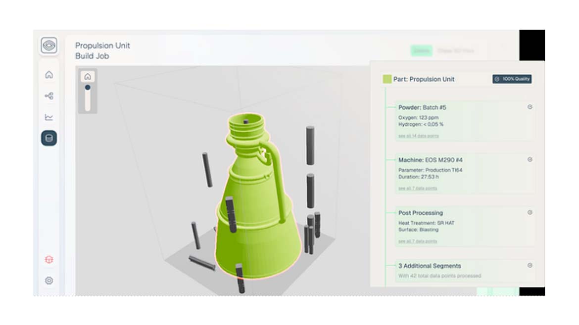 The image displays a build job for a propulsion unit part within a 3D printing software interface. 