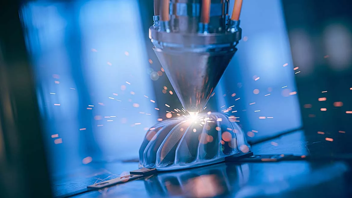 The image depicts metal 3D printing, also known as additive manufacturing. 