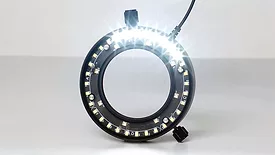 This item is a 56-LED Microscope Ring Light designed to provide focused, shadow-free illumination for stereo microscopes and industrial inspection. 