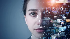 This image depicts a conceptual representation of artificial intelligence, featuring a person integrated with digital data patterns and binary code.