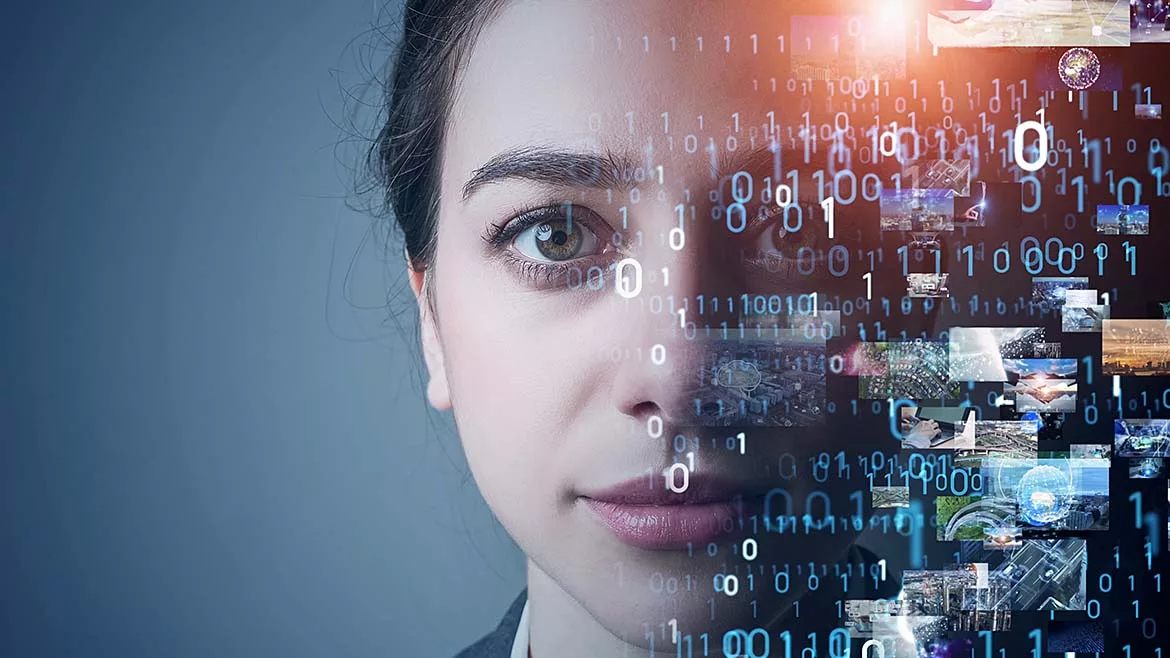 This image depicts a conceptual representation of artificial intelligence, featuring a person integrated with digital data patterns and binary code.