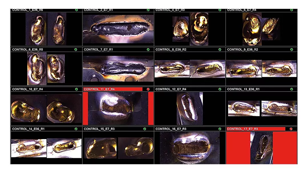 The image displays a dashboard or log file from an automated inspection system analyzing various controls, likely for industrial welding quality control.