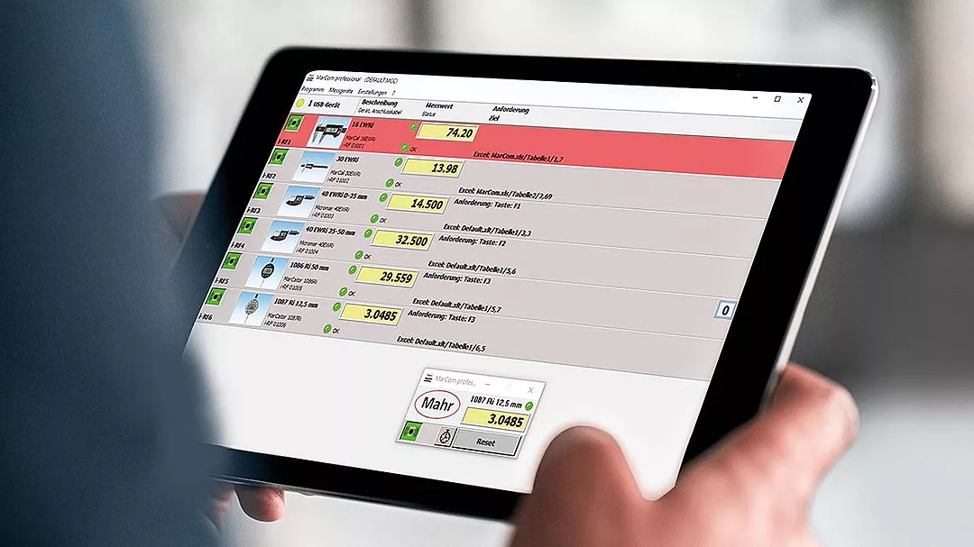 The image shows a tablet running Mahr MarCom Professional software