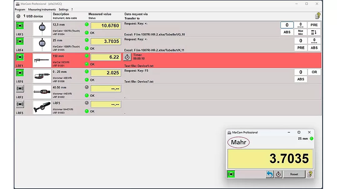 The image displays the Mahr MarCom Professional software interface