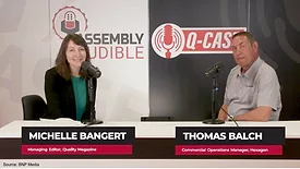 a screenshot from a video podcast featuring Michelle Bangert, Managing Editor of Quality Magazine, and Thomas Balch, Commercial Operations Manager at Hexagon. 
