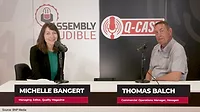 a screenshot from a video podcast featuring Michelle Bangert, Managing Editor of Quality Magazine, and Thomas Balch, Commercial Operations Manager at Hexagon. 