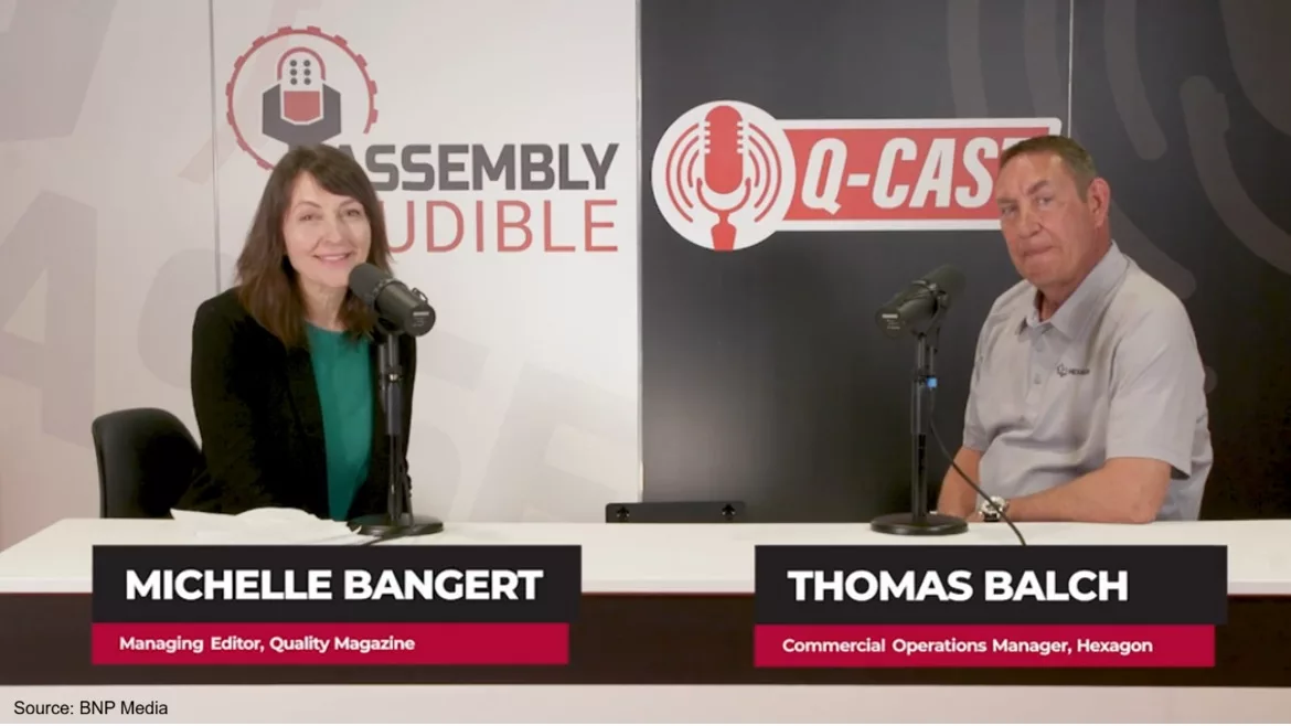 a screenshot from a video podcast featuring Michelle Bangert, Managing Editor of Quality Magazine, and Thomas Balch, Commercial Operations Manager at Hexagon.