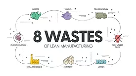 This infographic outlines the "8 Wastes of Lean Manufacturing," which are activities that add cost or time without adding value to the product or service.
