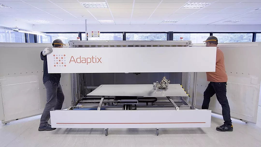 The image shows the Adaptix NDT3D inspection tool, a mobile 3D X-ray imaging system used for non-destructive testing (NDT).