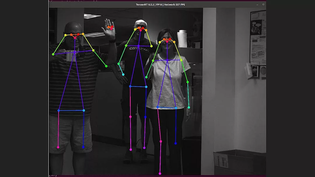 This image displays a real-time human pose estimation system in action.