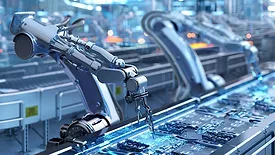 an industrial robotic arm involved in a manufacturing or assembly process
