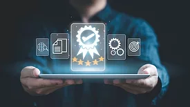This image represents concepts related to digital quality assurance, certification, and business processes