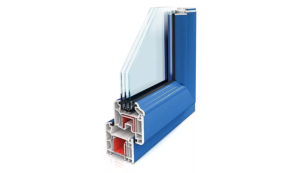 a cross-section profile of a modern, energy-efficient window frame and glass assembly