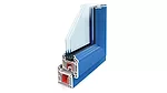 a cross-section profile of a modern, energy-efficient window frame and glass assembly