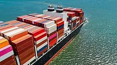 a massive container ship loaded with cargo containers traversing open water.