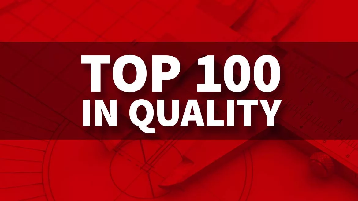 Top 100 in Quality graphic with a red swirl background.